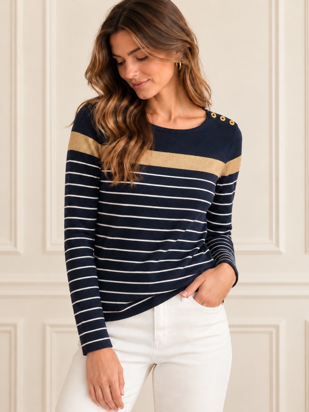 Lauren Ralph Lauren Petite Navy Gold Striped Top PM